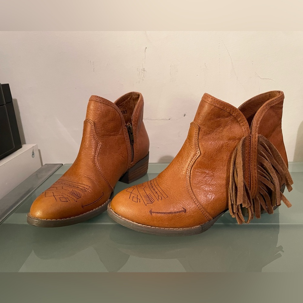Sterling River Womens Leather Ankle Boots Size 7.5 Brown Pointed Toe Fringe Zip